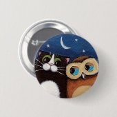 親友-フクロウおよび猫の芸術ボタン 缶バッジ (正面&裏面)
