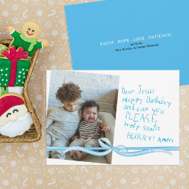 "親愛なるイエス様へ" 青いクレヨンのメモ 写真 クリスマスカード