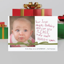 親愛なるイエス様 ワイン色クレヨンメッセージのクリスマス フォトカード
