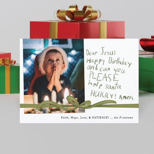 親愛なるイエス オリーブのクレヨンメモ付き クリスマス フォトカード
