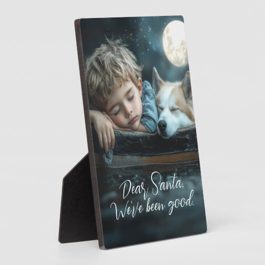 親愛なるサンタへ 今年もよい子でした 犬とのホリデー写真 フォトプラーク (側面)