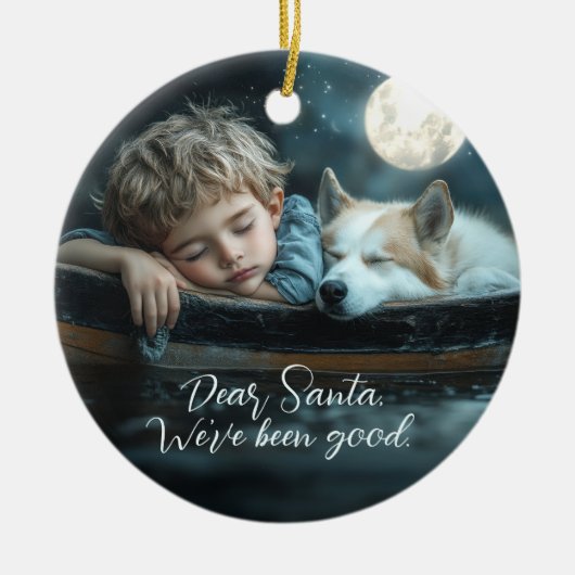 親愛なるサンタへ 私たち良い子にしてたよ ホリデーフォト セラミックオーナメント (正面)
