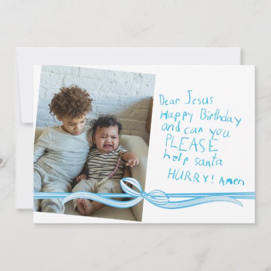 "親愛イエス"ブルークレヨンのノート写真クリスマスカード (正面)