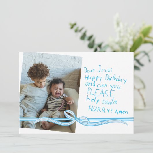 "親愛イエス"ブルークレヨンのノート写真クリスマスカード (スタンド正面)