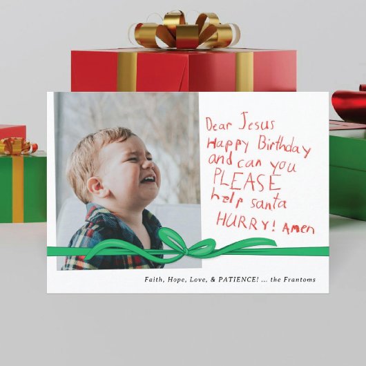 "親愛イエス"赤いクレヨンのノート写真クリスマスカード