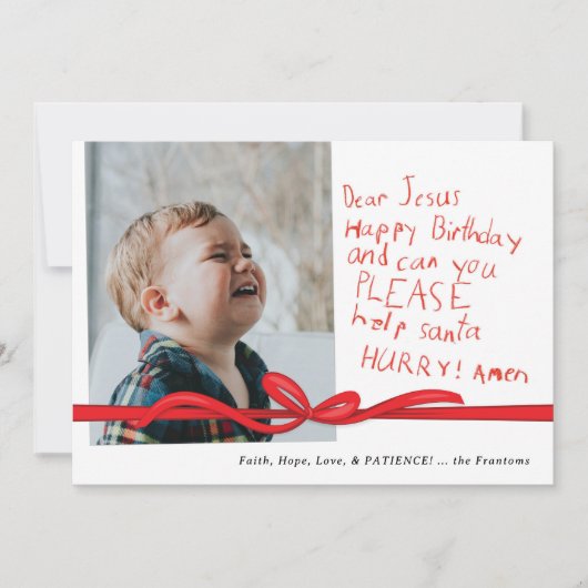 "親愛イエス"赤いクレヨンのノート写真クリスマスカード (正面)