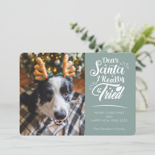 親愛Santa私は犬の写真おもしろいクリスマスを試した シーズンカード (スタンド正面)