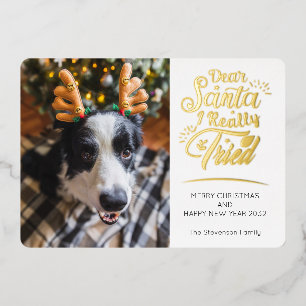 親愛Santa私は犬の写真おもしろいクリスマス金ゴールドを試した 箔シーズンカード