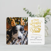 親愛Santa私は犬の写真おもしろいクリスマス金ゴールドを試した 箔シーズンカード (立ち正面)