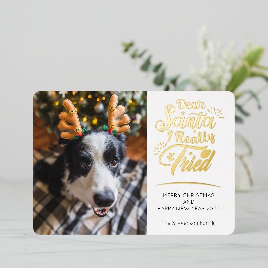 親愛Santa私は犬の写真おもしろいクリスマス金ゴールドを試した 箔シーズンカード (立ち正面)