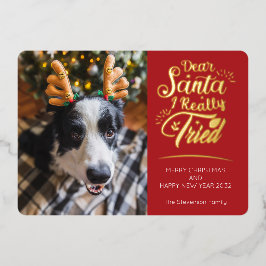 親愛Santa I犬の3枚の写真を試したおもしろいクリスマス 箔シーズンカード