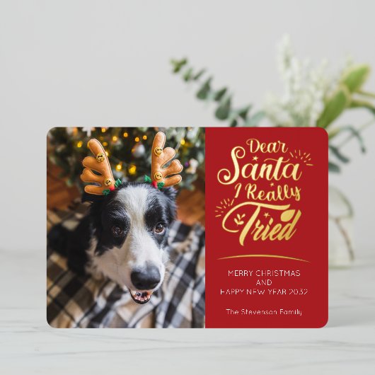 親愛Santa I犬の3枚の写真を試したおもしろいクリスマス 箔シーズンカード (立ち正面)