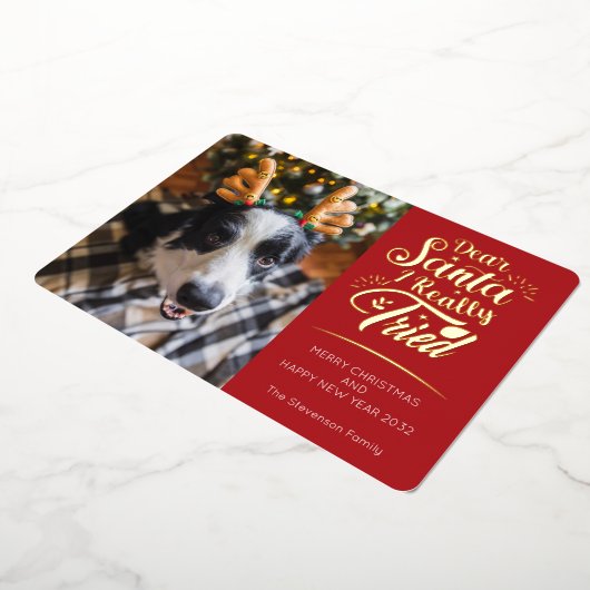 親愛Santa I犬の3枚の写真を試したおもしろいクリスマス 箔シーズンカード (回転した状態)