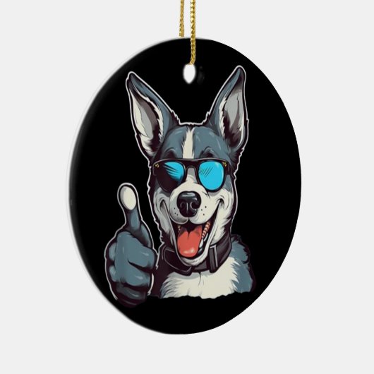 親指おもしろいを立てたサングラス犬 セラミックオーナメント (右)