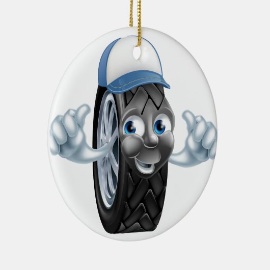 親指を与える整備士の漫画のタイヤ セラミックオーナメント (右)
