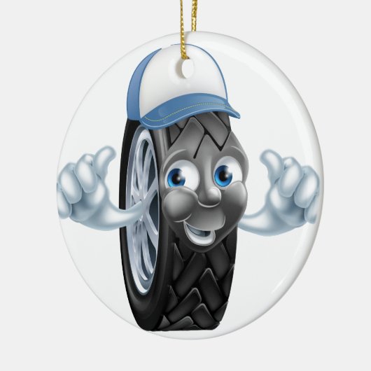 親指を与える整備士の漫画のタイヤ セラミックオーナメント (左)