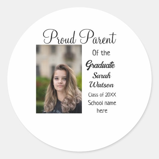 親誇りを持った卒業生の写真名クラス年を追加 ラウンドシール (正面)