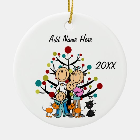 親、子ども2人、猫オーナメント3人 セラミックオーナメント (正面)