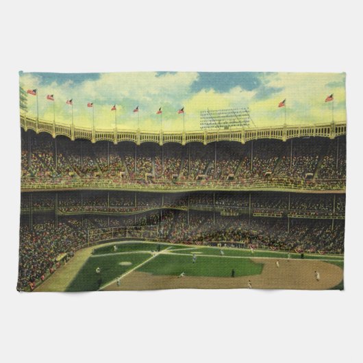 観客で賑わうヴィンテージ スポーツ 野球スタジアム キッチンタオル (横)