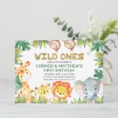 観葉ワイルドワンツインボーイズサファリアニマルズ誕生日 招待状 (スタンド正面)