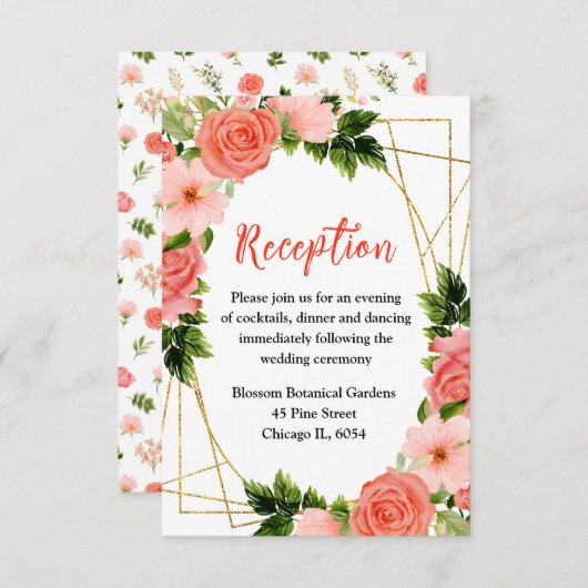 観葉式レセプション付き珊瑚赤バラ エンクロージャーカード (正面/裏面)