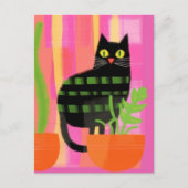 観葉植物がピンク色の緑のオレンジ色をした黒猫 ポストカード (正面)
