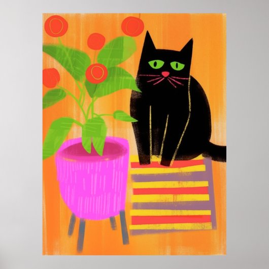 観葉植物が愛らしい黒猫 ポスター (正面)