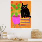 観葉植物が愛らしい黒猫 ポスター (キッチン)