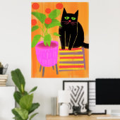 観葉植物が愛らしい黒猫 ポスター (ホームオフィス)
