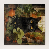 観葉植物と黒猫 ジグソーパズル (横)