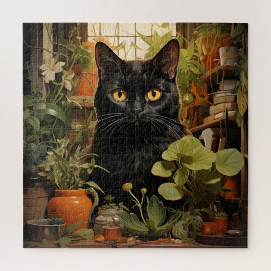 観葉植物と黒猫 ジグソーパズル (縦)