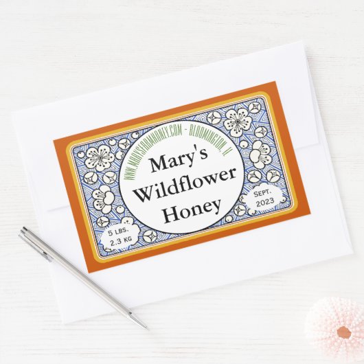 観賞用の花と芽はちみつ瓶 長方形シール (封筒)