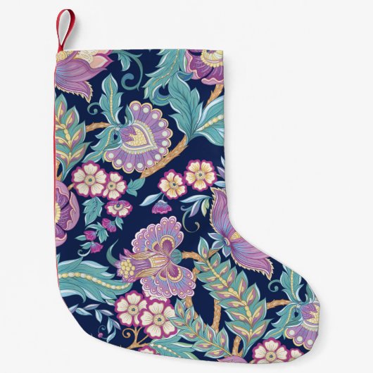 観賞用の花を様式化したシームレスなパターン スモールクリスマスストッキング (正面)