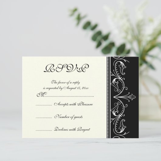観賞用縁ど白黒結婚式RSVPカード 出欠カード (スタンド正面)