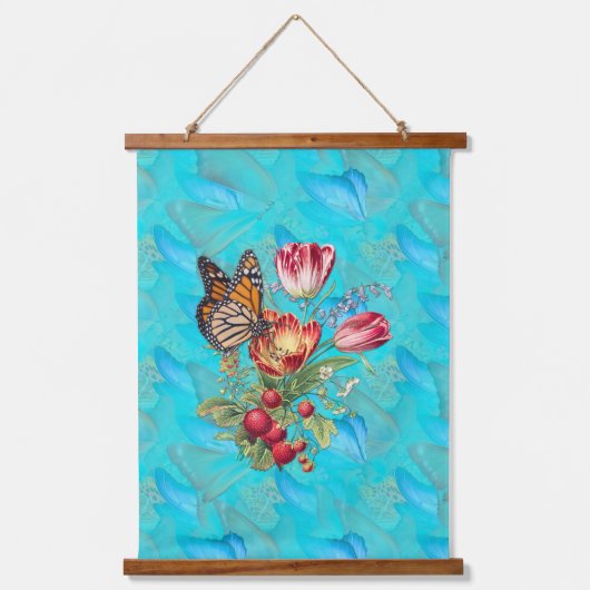 観賞蝶と水色の花。 吊り下げ型タペストリー (正面)