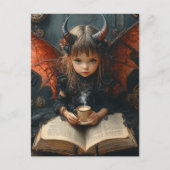 角と翼を持つ少女はコーヒーを飲みながら読書する ポストカード (正面)