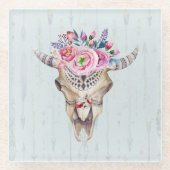 角と花の付いた骨格 ガラスコースター (正面)