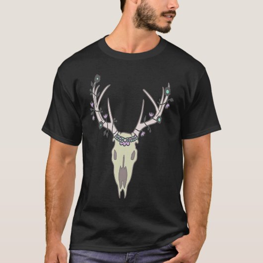 角に花と王冠の鹿の頭蓋骨 Tシャツ (正面)