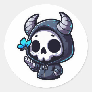 角のあるスカルとブルーバタフライ ラウンドシール