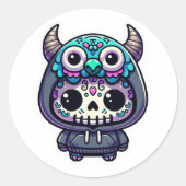 角のあるスカル&フクロウ砂糖スカル、死んだフクロウの日 ラウンドシール (正面)