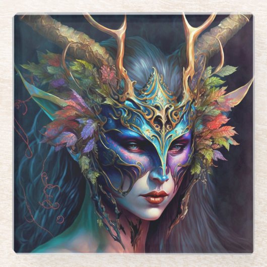 角のある小妖精や小人女性ファンタジーアートガラスコースター ガラスコースター (正面)