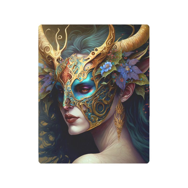 角のある小妖精や小人女性ファンタジーアート メタルプリント (正面)