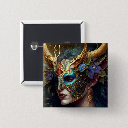 角のある小妖精や小人女性ファンタジーアート 缶バッジ (正面&裏面)