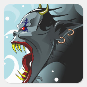 角のある悪魔の頭のステッカー スクエアシール