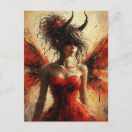 角のある赤いドレスを着た愛らしい妖精 ポストカード