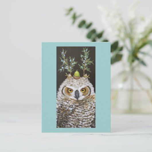 角の付いた素晴らしフクロウ葉書き ポストカード (スタンド正面)