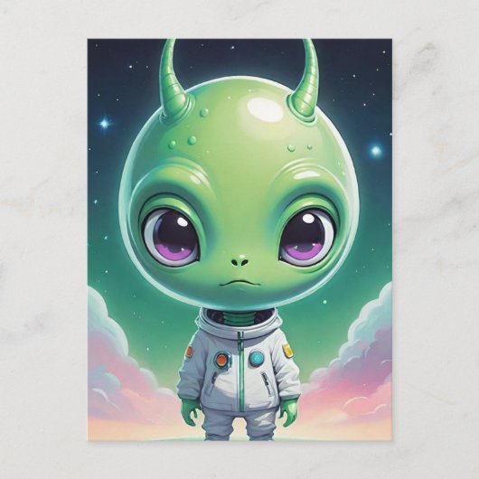 角を持つ緑色の大きなエイリアン ポストカード (正面)