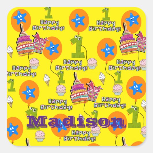 角ステッカー、#1最初の誕生日黄色 スクエアシール (正面)