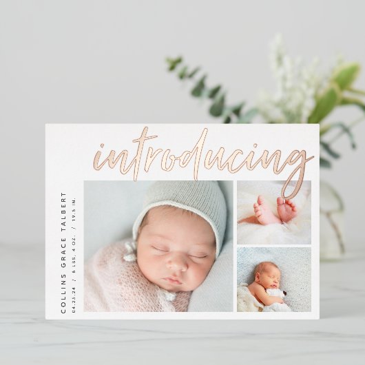 角モダン度 | 3枚のフォトフォイル誕生のお知らせ 箔招待状 (立ち正面)