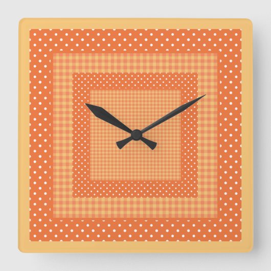 角壁時計、オレンジ色のチェックと水玉模様 スクエア壁時計 (正面)